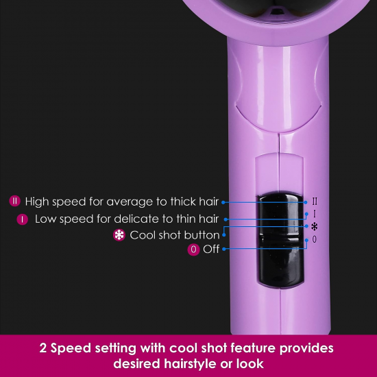 AGARO HD-1211 Hair Dryer 1100 Watts, 2 Heat Speed and Cool Mode, Foldable (Compact in Size) Purple