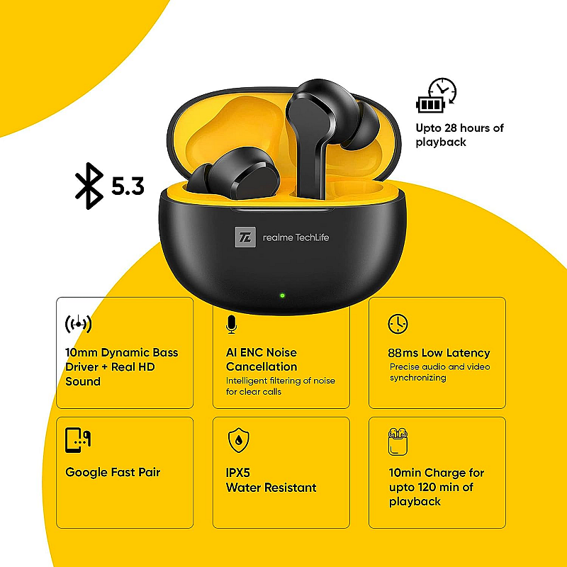 Realme TechLife Buds T100 Bluetooth Truly Wireless Black