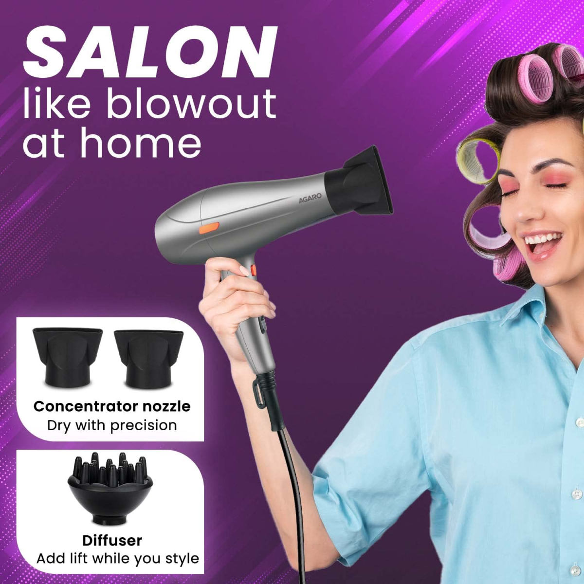 AGARO HD-1124 2400 Watts Professional Hair Dryer with AC Motor, 2 Concentrator Nozzle, Diffuser for Both Men and Women, Silver AGARO HD-1124 2400 Watts Professional Hair Dryer with AC Motor, 2 Concentrator Nozzle, Diffuser for Both Men and Women, Silver