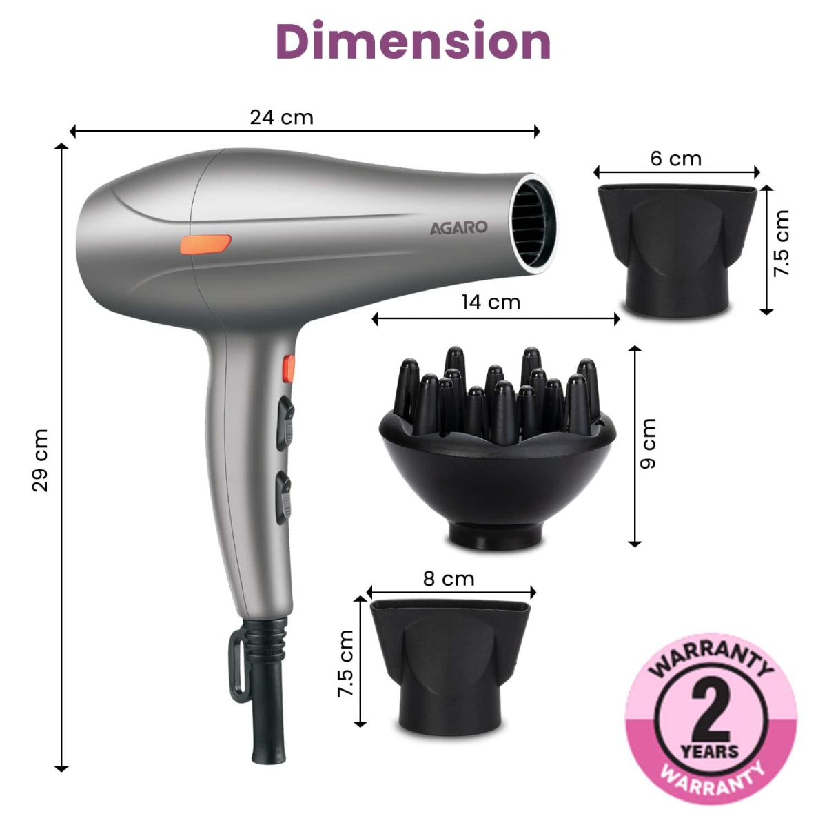 AGARO HD-1124 2400 Watts Professional Hair Dryer with AC Motor, 2 Concentrator Nozzle, Diffuser for Both Men and Women, Silver AGARO HD-1124 2400 Watts Professional Hair Dryer with AC Motor, 2 Concentrator Nozzle, Diffuser for Both Men and Women, Silver