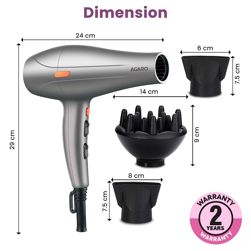 AGARO HD-1124 2400 Watts Professional Hair Dryer with AC Motor, 2 Concentrator Nozzle, Diffuser for Both Men and Women, Silver