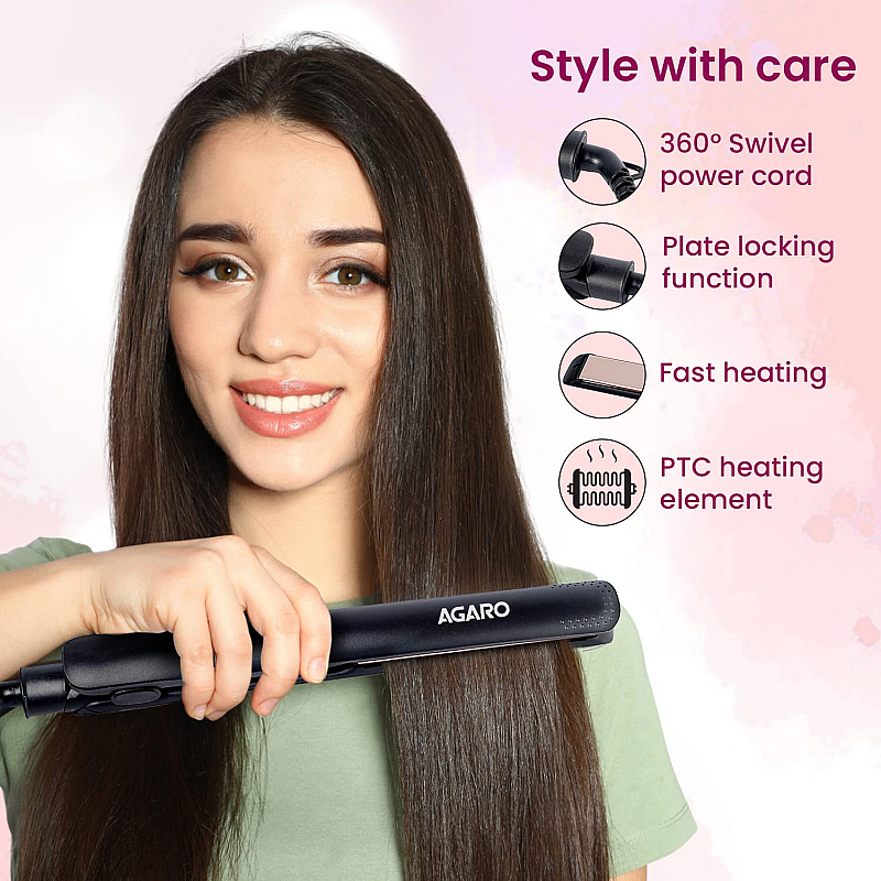 AGARO HS1907 Hair Straightner,Kerating Infused Ceramic Coated Plates Hair Straightening, For Women,Black