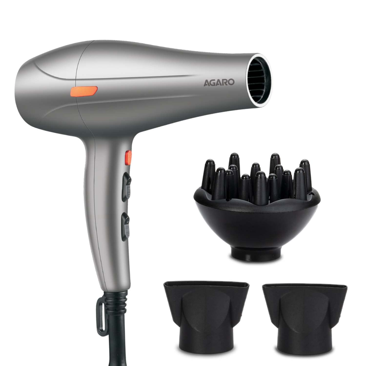 AGARO HD-1124 2400 Watts Professional Hair Dryer with AC Motor, 2 Concentrator Nozzle, Diffuser for Both Men and Women, Silver AGARO HD-1124 2400 Watts Professional Hair Dryer with AC Motor, 2 Concentrator Nozzle, Diffuser for Both Men and Women, Silver