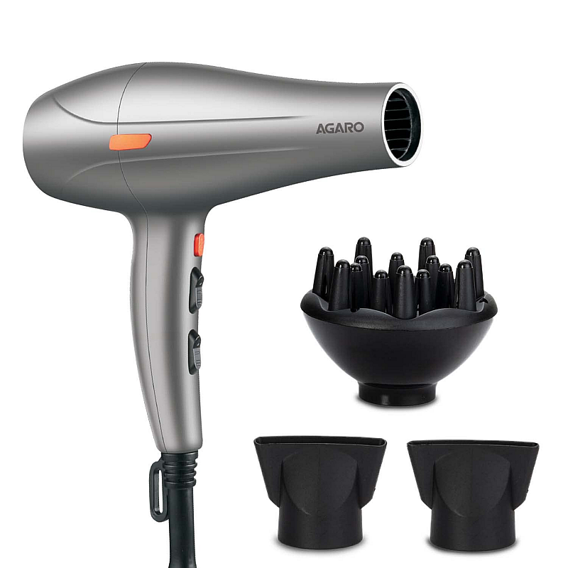 AGARO HD-1124 2400 Watts Professional Hair Dryer with AC Motor, 2 Concentrator Nozzle, Diffuser for Both Men and Women, Silver