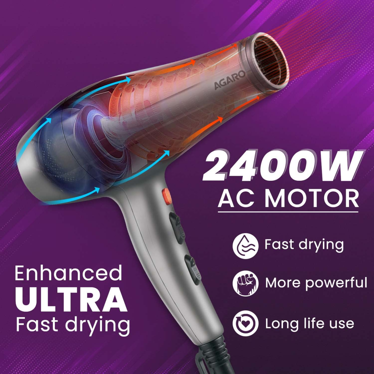 AGARO HD-1124 2400 Watts Professional Hair Dryer with AC Motor, 2 Concentrator Nozzle, Diffuser for Both Men and Women, Silver AGARO HD-1124 2400 Watts Professional Hair Dryer with AC Motor, 2 Concentrator Nozzle, Diffuser for Both Men and Women, Silver