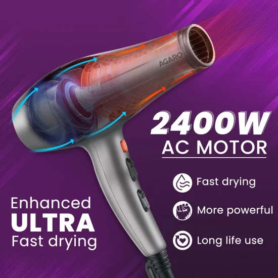AGARO HD-1124 2400 Watts Professional Hair Dryer with AC Motor, 2 Concentrator Nozzle, Diffuser for Both Men and Women, Silver