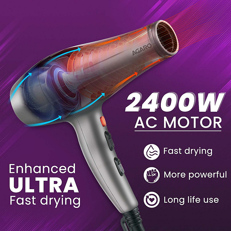 AGARO HD-1124 2400 Watts Professional Hair Dryer with AC Motor, 2 Concentrator Nozzle, Diffuser for Both Men and Women, Silver