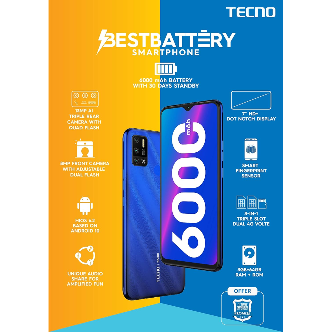 Tecno Spark 6 Air (Ocean Blue, 3GB RAM, 32GB Storage) refurbished
