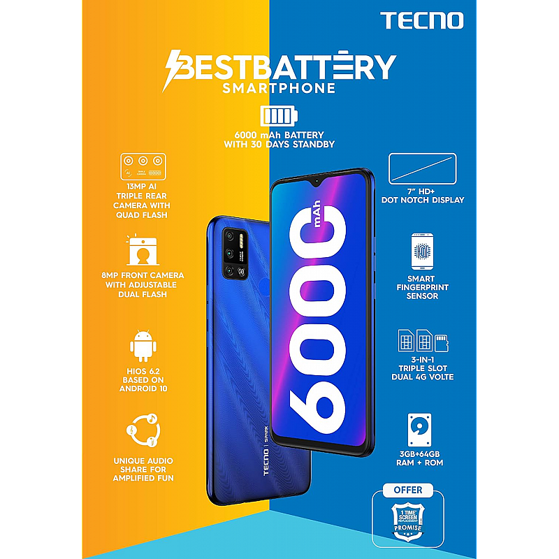 Tecno Spark 6 Air (Ocean Blue, 3GB RAM, 32GB Storage) Refurbished