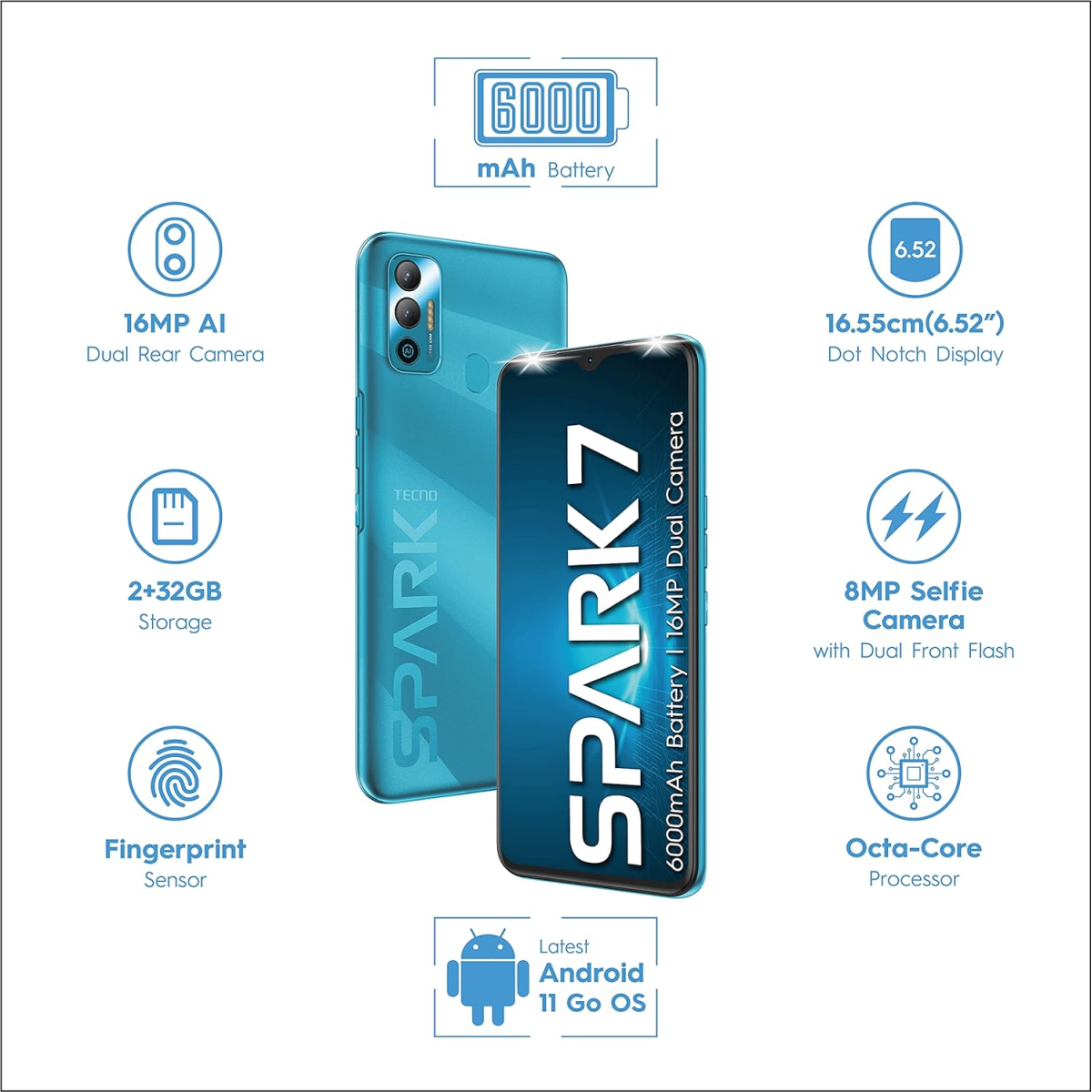 TECNO Spark 7 (Morpheus Blue, 2GB RAM, 32 GB Storage) refurbished