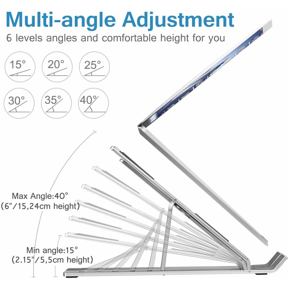 Airtree Adjustable Aluminum Portable Tabletop Laptop Rack Stand for Upto 17 laptops, Tablets, Mobiles, Books with Pouch (Silver)