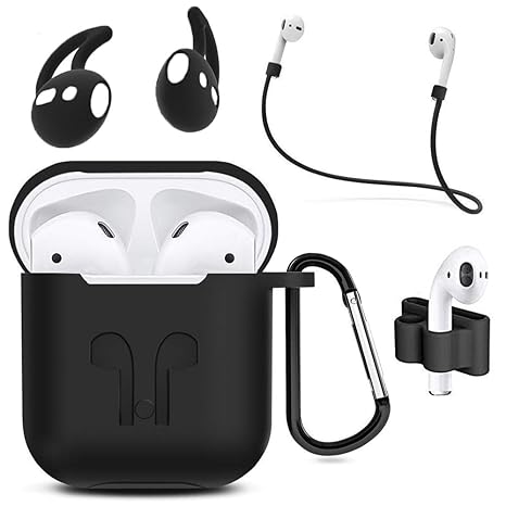 Sounce Silicone Soft Shock Proof Protective AirPods Case 5-in-1 Set Sleeve Skin Cover with Anti Lost Strap + Keychain + Earplug + Strap Holder for Apple AirPods Case Cover