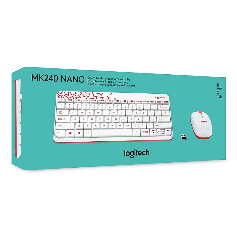 Logitech MK240 Nano Wireless Keyboard and Mouse Combo 12 Function Keys 2.4GHz Wireless White