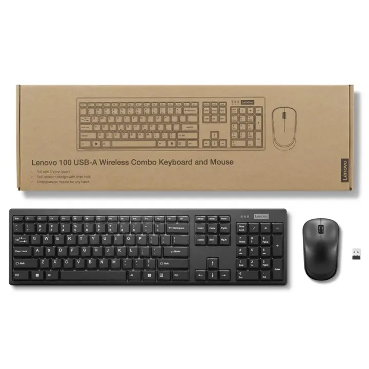 Lenovo 100 Wireless Keyboard and Mouse Set, Ambidextrous 1000 DPI Mouse Optical Sensor, upto 3M clicks, Ultra slim water GX30L66303
