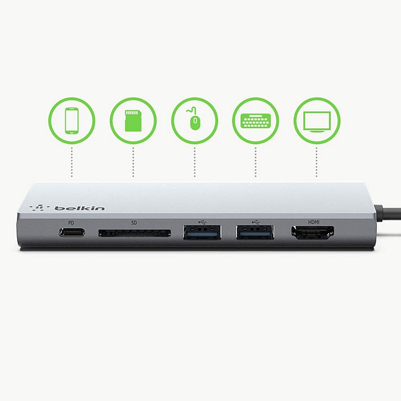 Belkin USB-C Multimedia Hub with Tethered USB-C Cable USB-C Dock for Mac OS and Windows USB-C Laptops