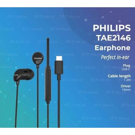Philips TAE2146BK in-Ear Wired Headphones with USB-C Plug, 10mm Drivers for Deep Dynamic Bass and Clear Sound, in-Line Mic with Call Button, 3 Interchangeable Ear Caps, 1.2m Durable Cable (Black)