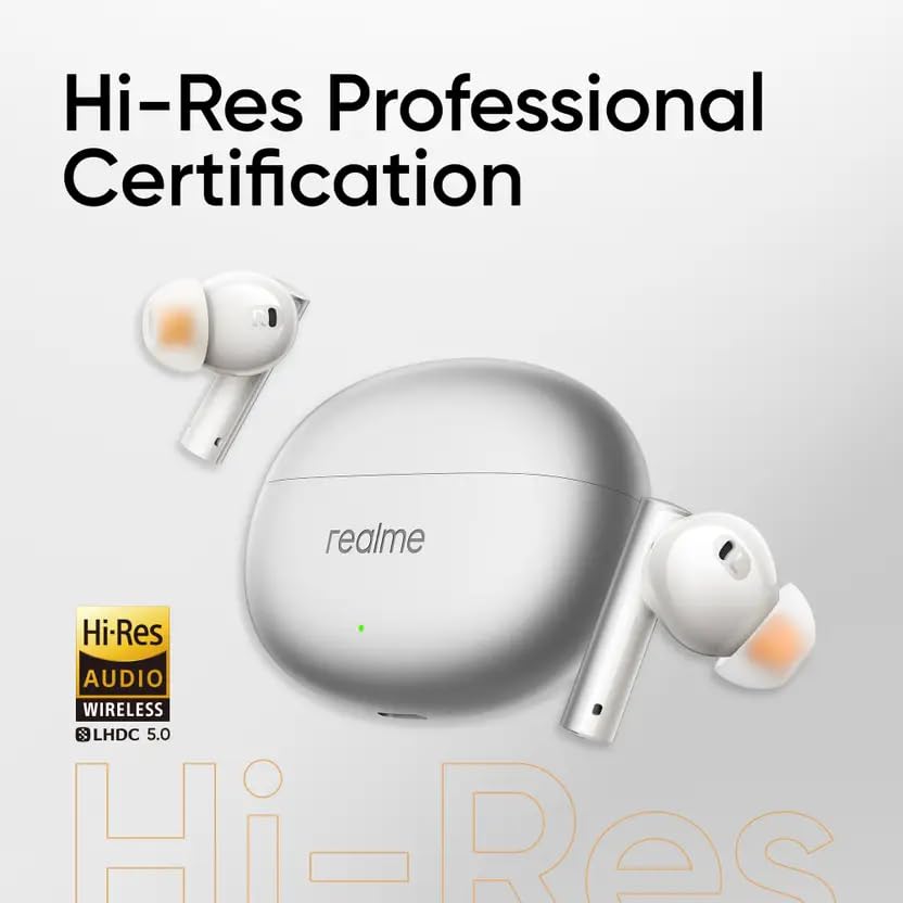 Real Me Air 6 Buds | 50dB Active Noise Cancellation, Hi-Res LHDC Audio, 12.4mm Dynamic Bass Driver, 6 Mic Clear Voice Calls, 51,IP55 Waterproof,TWS for Apple & Android (Air 6, Flame Silver) Real Me Air 6 Buds | 50dB Active Noise Cancellation, Hi-Res LHDC Audio, 12.4mm Dynamic Bass Driver, 6 Mic Clear Voice Calls, 51,IP55 Waterproof,TWS for Apple & Android (Air 6, Flame Silver)