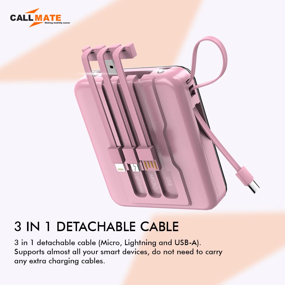 CALLMATE Power Bank 10000mAh Li-Polymer with 2.4 Fast Charging in-Built 3 in 1 Detachable Cable