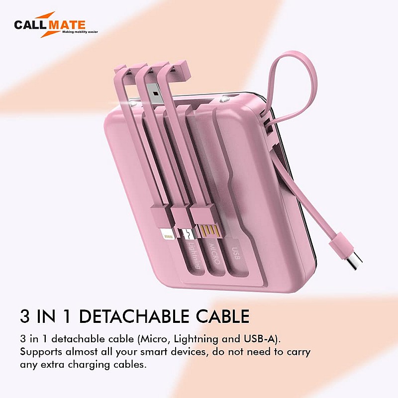 CALLMATE Power Bank 10000mAh Li-Polymer with 2.4 Fast Charging in-Built 3 in 1 Detachable Cable