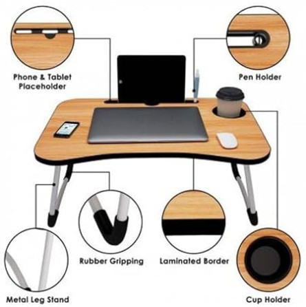 YAJNAS Wooden Multipurpose Foldable Laptop Table with Cup & Tab Holder| Table Holder Study Table, Breakfast Table, Foldable & Portable Table|
