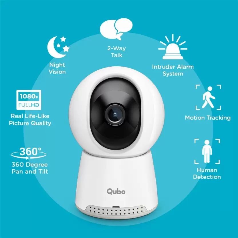 Qubo Smart Cam 360 Q100 by HERO GROUP 1080p FHD WiFi CCTV with Intruder Alarm System Security Camera Qubo Smart Cam 360 Q100 by HERO GROUP 1080p FHD WiFi CCTV with Intruder Alarm System Security Camera