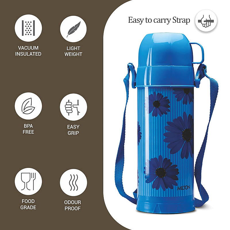 Milton Eiffel 1000 Plastic Insulated Hot and Cold Flask Blue Easy Grip Food Grade Light Weight Bottle