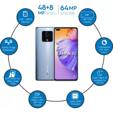 Tecno Camon 16 Premier Glacier Silver 8 GB RAM 128 GB Storage Refurbished