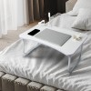 GoRogue Laptop Table for Bed & Sofa, Foldable Desk with Cup Holder, Drawer & Built-in USB Hub with Free Mini Fan, LED Lamp (White)