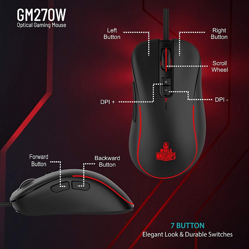 Ant Esports GM270W Optical Wired Gaming Mouse with 7 Programmable Buttons and 3200 Adjustable DPI-Black