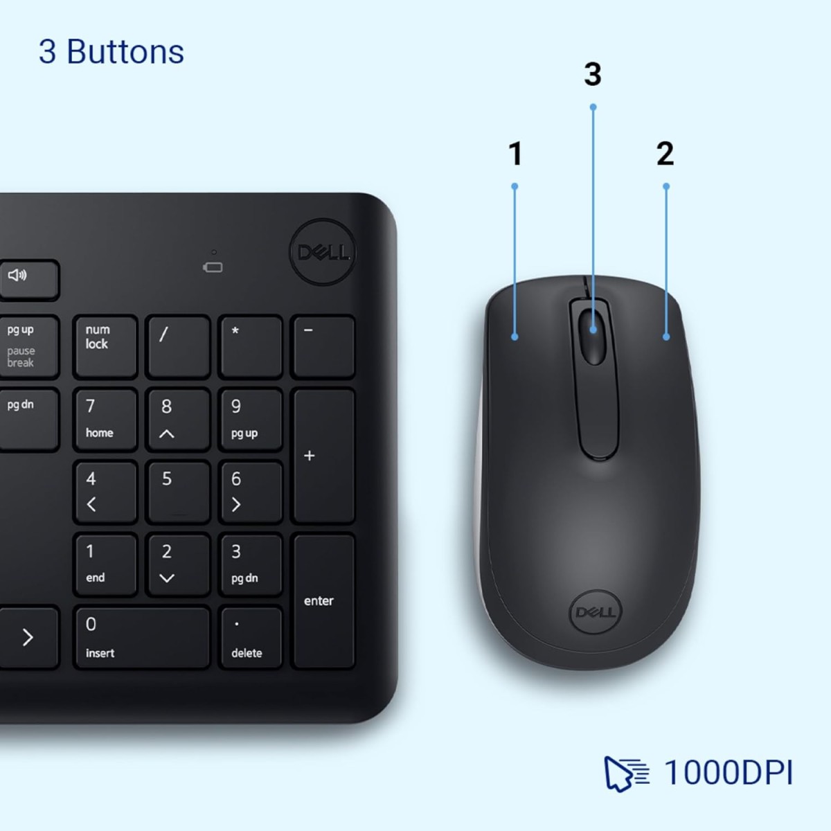 DELL KM3322W Keyboard Mouse Combo Anti-fade Spill-resistant Keys Wireless Multi-device Keyboard Black