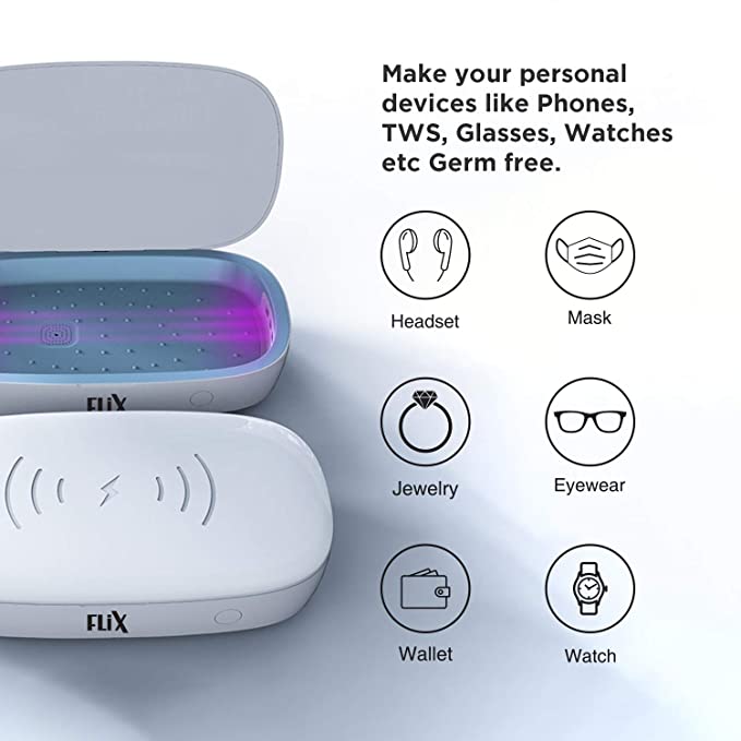Flix (Beetel) Uv Sanitizer 10W Qi Wireless Charger,Portable Uv Sterilizer Box 99.9% Sterilization for Mask,Smartphone, Uv Box (White) Flix (Beetel) Uv Sanitizer 10W Qi Wireless Charger,Portable Uv Sterilizer Box 99.9% Sterilization for Mask,Smartphone, Uv Box (White)