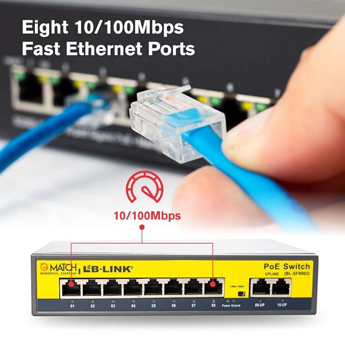 Match LB-Link BL-SF8002, 8 Port PoE Switch 8 Ports 100 Mbps Network Switch (Grey)