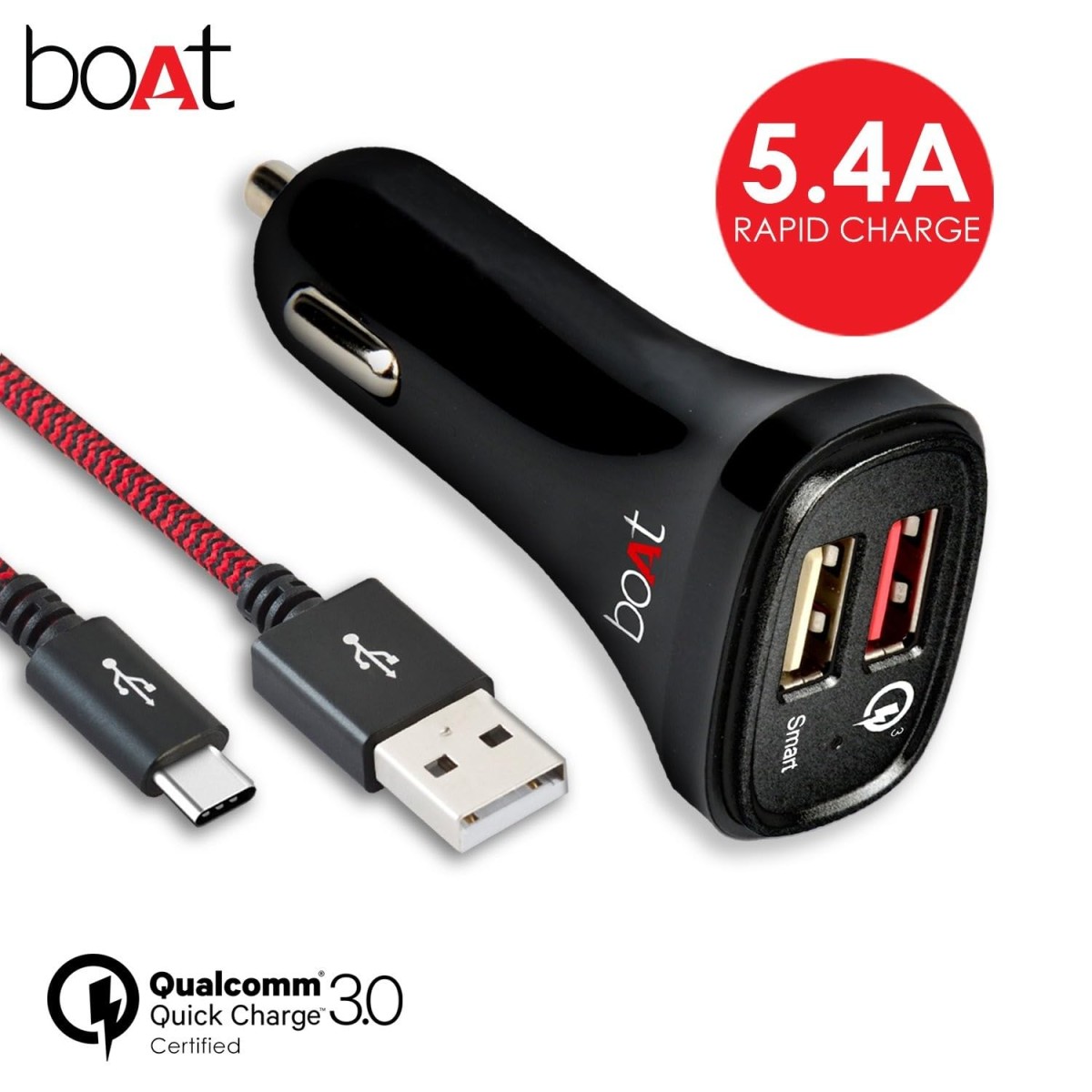 Boat Dual Port Rapid Car Charger (Qualcomm Certified) Smart Charging with 120V Quick Charge 3.0 Compatible with Apple Devices + Free Type C USB Cable - Black Boat Dual Port Rapid Car Charger (Qualcomm Certified) Smart Charging with 120V Quick Charge 3.0 Compatible with Apple Devices + Free Type C USB Cable - Black