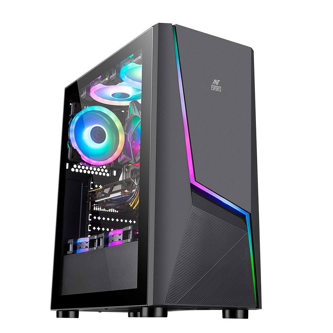Ant Esports ICE-130AG Mid Tower Computer Case I Gaming Cabinet Supports ATX, Micro-ATX, Mini-ITX Motherboard with Transparent Side Panel 1 x 120 mm Rear Fan Preinstalled - Black