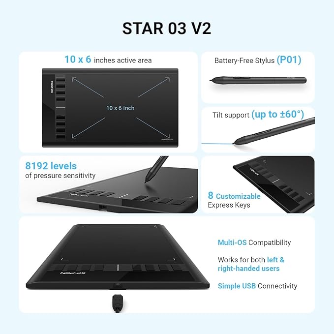 XP-PEN Star03 V2 8192 Levels of Pressure Sensitivity, Battery-Free Stylus, 8 Shortcut Keys