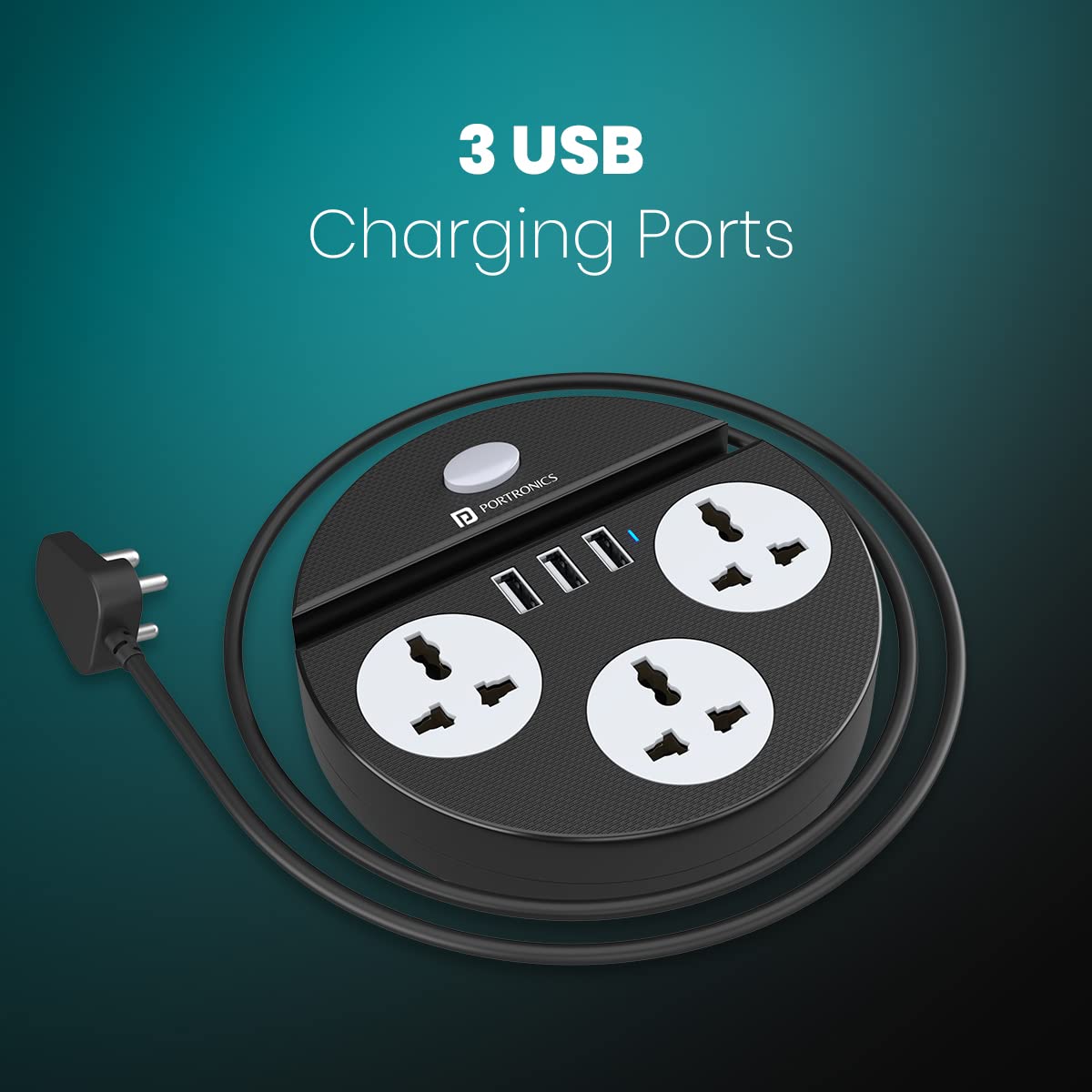 Portronics Power Plate 5 1500W Power Converter with USB Charger & Mobile Holder 3AC Socket + 3USB Ports, 1.5 m Cord Length (Black)