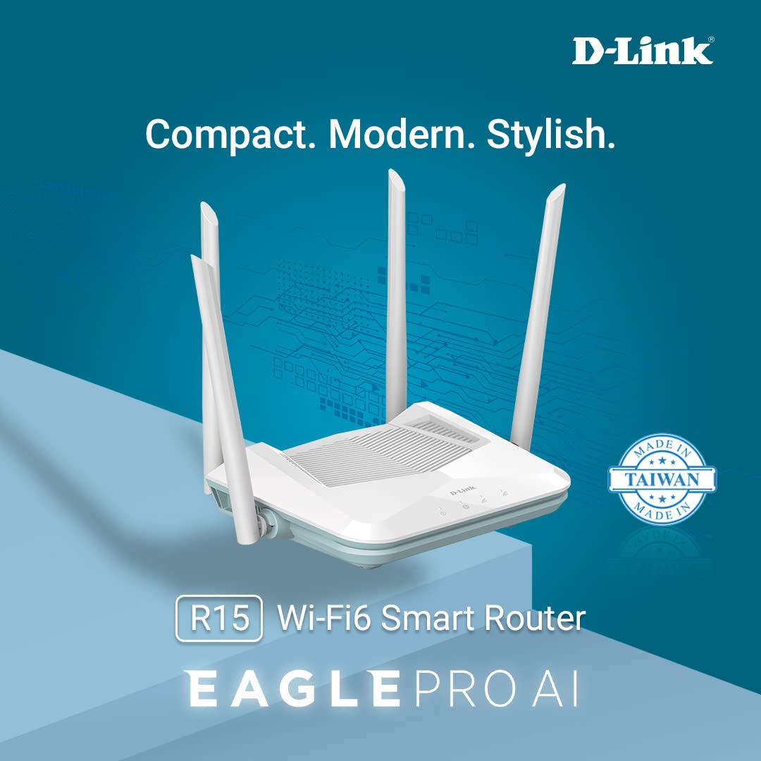 D-Link R15 AX1500 Eagle PRO AI Dual-Band Smart Router, Wi-Fi 6, 4 Gigabit Ports, 4 External Antennae, Voice Control, Parental Control D-Link R15 AX1500 Eagle PRO AI Dual-Band Smart Router, Wi-Fi 6, 4 Gigabit Ports, 4 External Antennae, Voice Control, Parental Control
