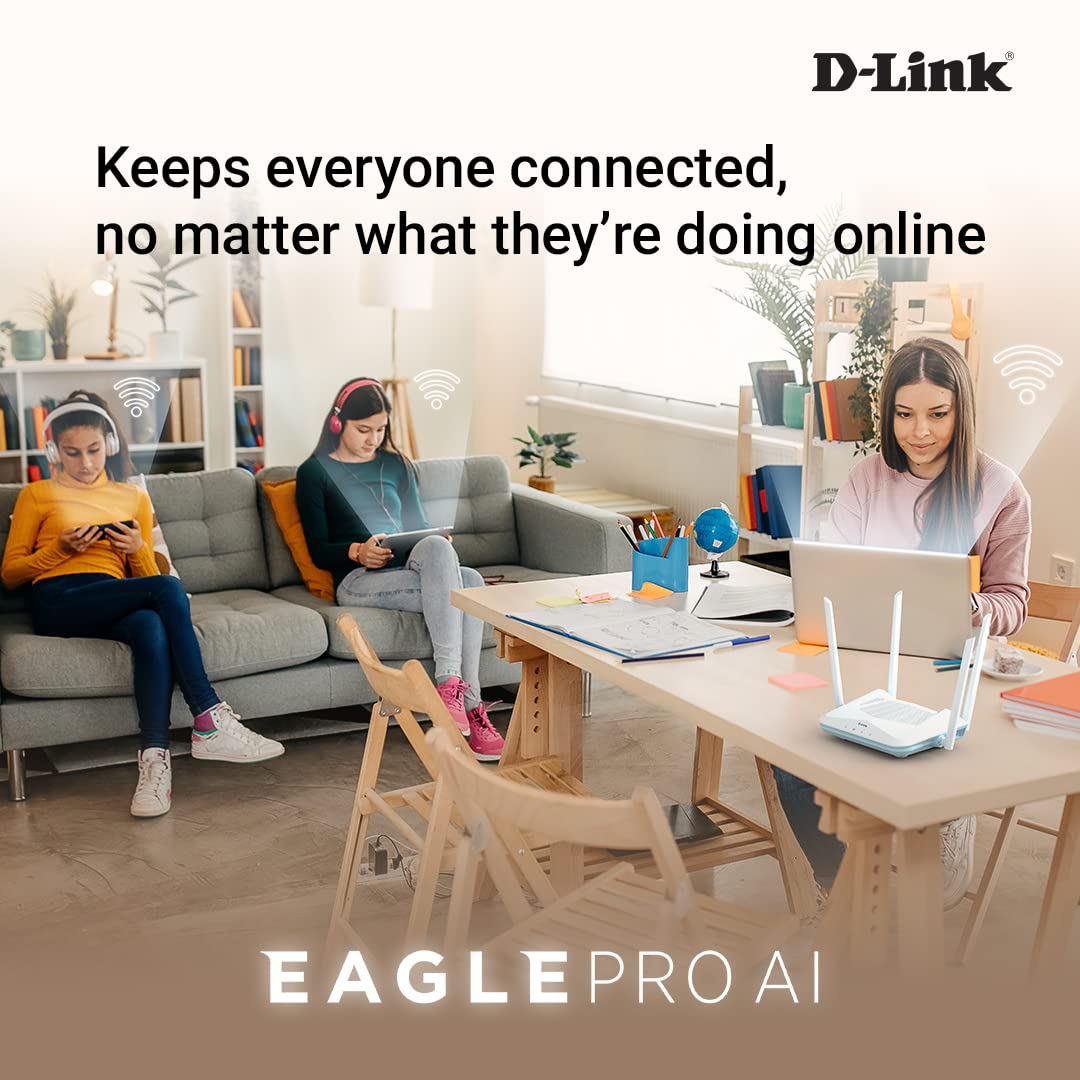 D-Link R15 AX1500 Eagle PRO AI Dual-Band Smart Router, Wi-Fi 6, 4 Gigabit Ports, 4 External Antennae, Voice Control, Parental Control D-Link R15 AX1500 Eagle PRO AI Dual-Band Smart Router, Wi-Fi 6, 4 Gigabit Ports, 4 External Antennae, Voice Control, Parental Control