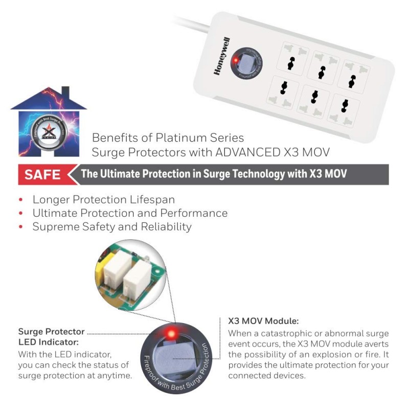 Honeywell Platinum 6 Out Surge Protector with Master Switch White