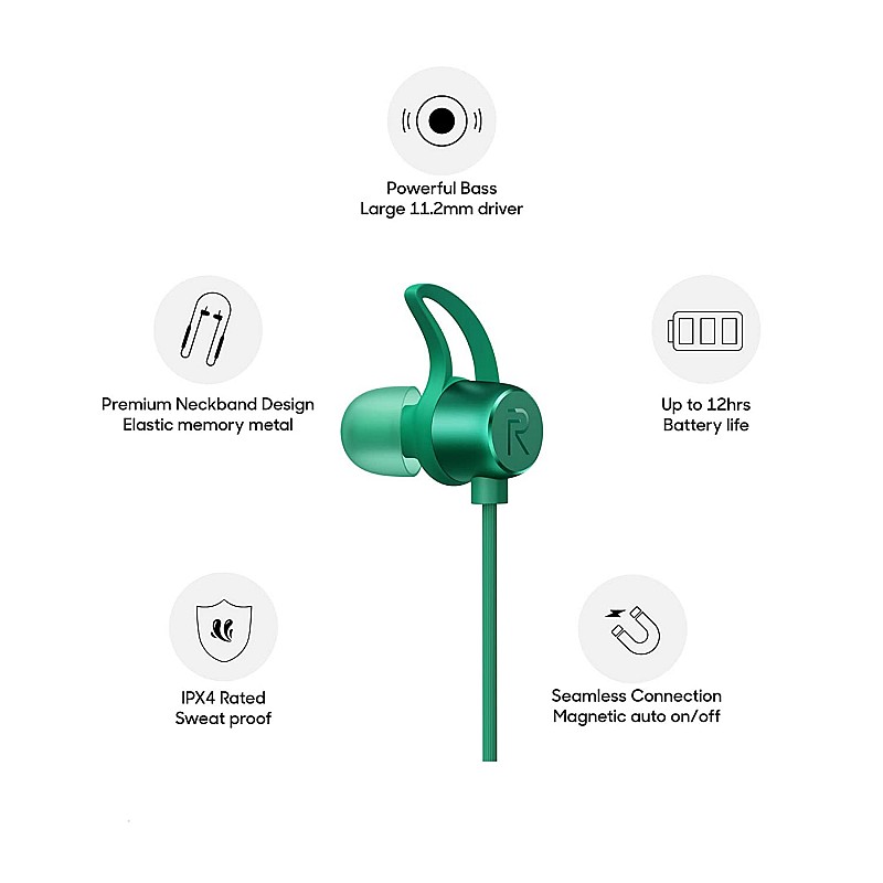 Realme Buds Wireless in-Ear Bluetooth 5.0 Deep Bass, IPX4 Sweatproof Earphone with mic Green