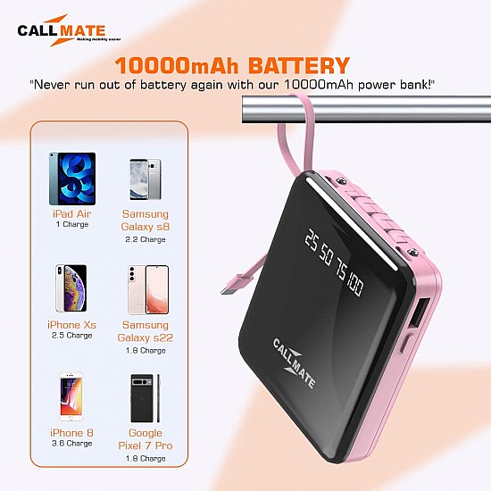 CALLMATE Power Bank 10000mAh Li-Polymer with 2.4 Fast Charging in-Built 3 in 1 Detachable Cable