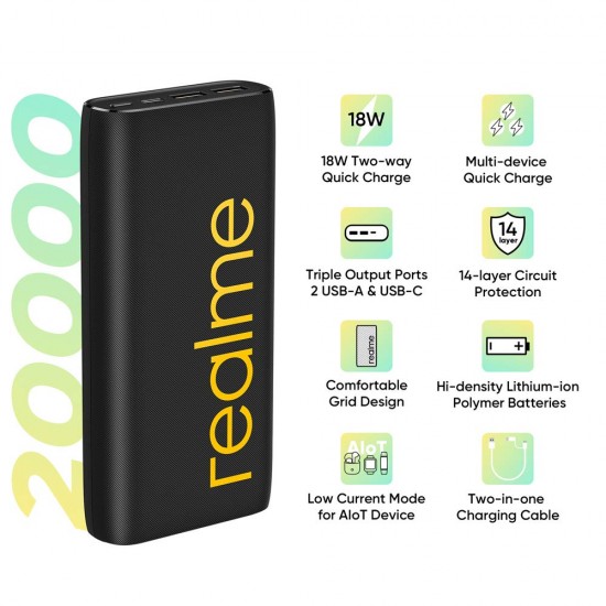 realme 20000 mAh Power Bank (Quick Charge 2.0, Power Delivery 2.0, 18 W) Black 