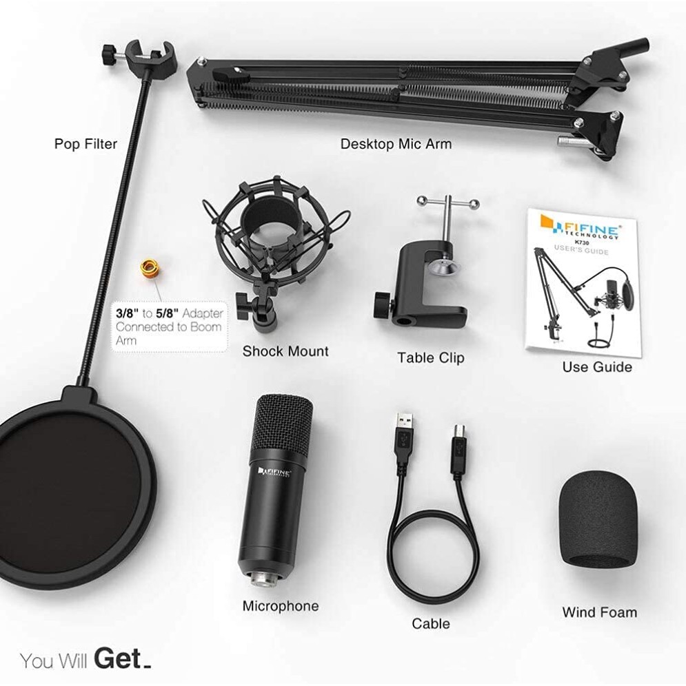 FIFINE T730 USB Microphone Kit with 16mm Capsule, Arm Stand, Shock Mount, Pop Filter for for Windows PC, Laptop, MAC, PS4 with Cardioid Pattern for Voice Recording, Podcast, YouTube Videos