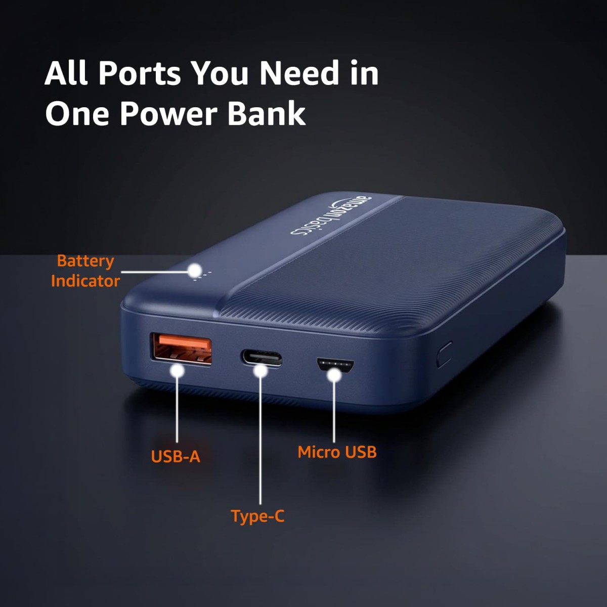Amazon Basics 20000 mAh 22.5W Fast Charging Lithium Polymer Power Bank with Type C Cable Dual Input, Triple Output White