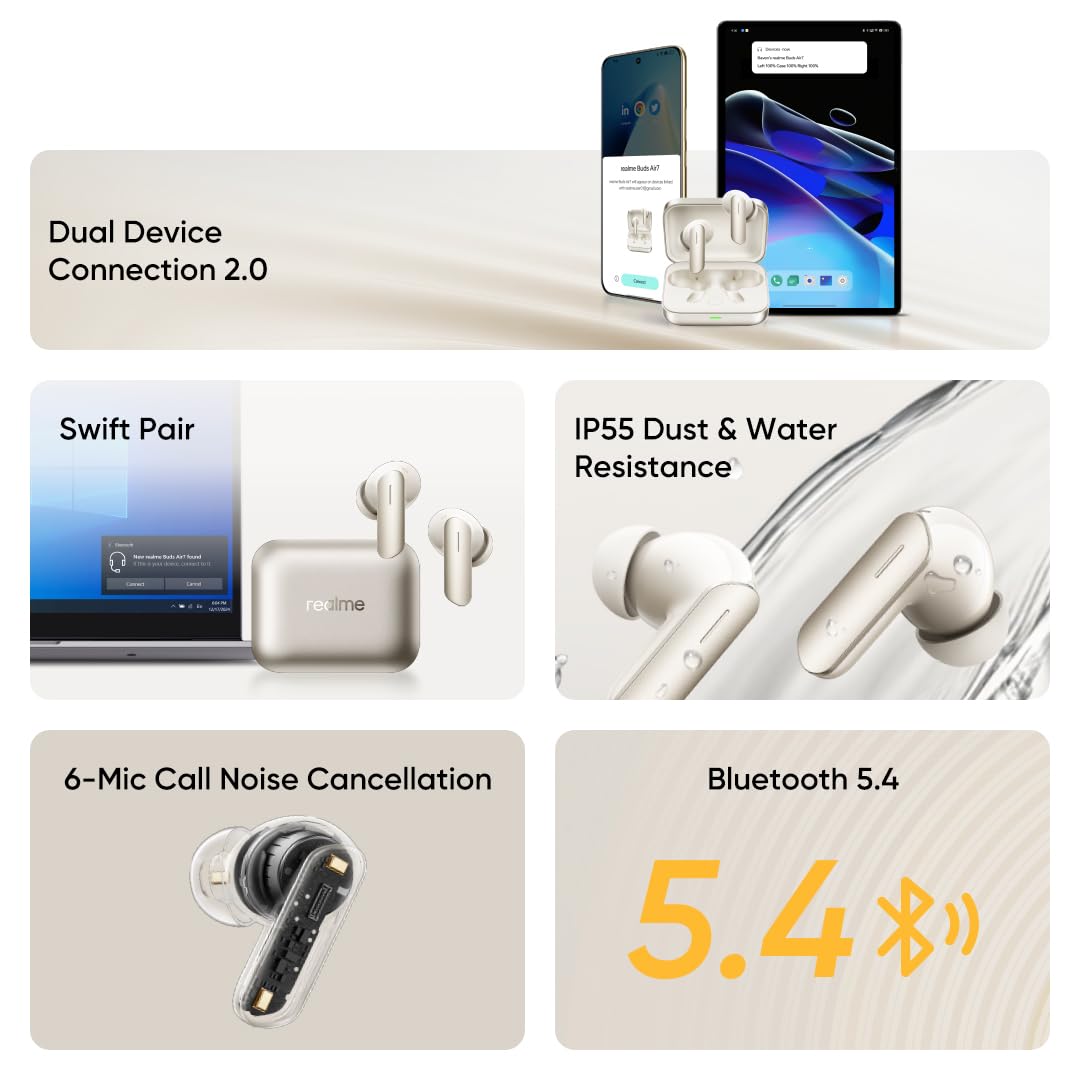 realme Buds Air 7,12.4mm Dynamic Bass Drivers,52Hrs Playtime,52dB Hybrid ANC,6 Mic ENC,45ms Low Latency,360° Spatial Audio,Hi-Res LHDC,IP55 Dust & Water Resistant,True Wireless TWS BT v5.4(Ivory Gold) realme Buds Air 7,12.4mm Dynamic Bass Drivers,52Hrs Playtime,52dB Hybrid ANC,6 Mic ENC,45ms Low Latency,360° Spatial Audio,Hi-Res LHDC,IP55 Dust & Water Resistant,True Wireless TWS BT v5.4(Ivory Gold)