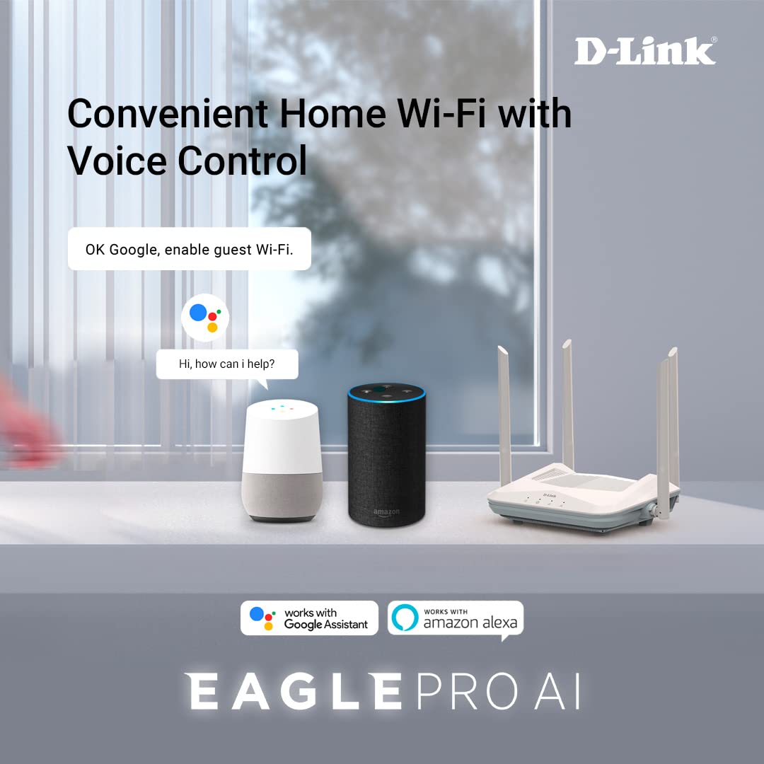 D-Link R15 AX1500 Eagle PRO AI Dual-Band Smart Router, Wi-Fi 6, 4 Gigabit Ports, 4 External Antennae, Voice Control, Parental Control D-Link R15 AX1500 Eagle PRO AI Dual-Band Smart Router, Wi-Fi 6, 4 Gigabit Ports, 4 External Antennae, Voice Control, Parental Control