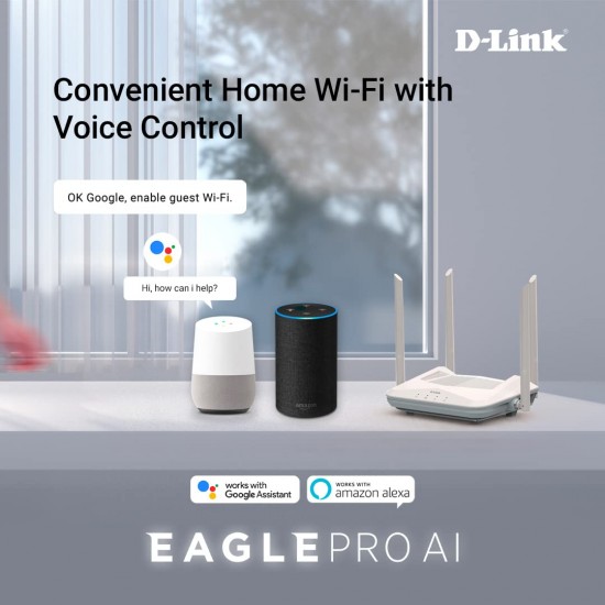 D-Link R15 AX1500 Eagle PRO AI Dual-Band Smart Router, Wi-Fi 6, 4 Gigabit Ports, 4 External Antennae, Voice Control, Parental Control