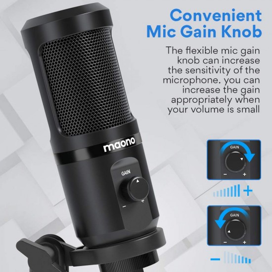 Maono AU-PM461TR USB Condenser Mic for PC and Singing Recording Microphone with Mic Gain for Gaming Podcast Studio Vlogging