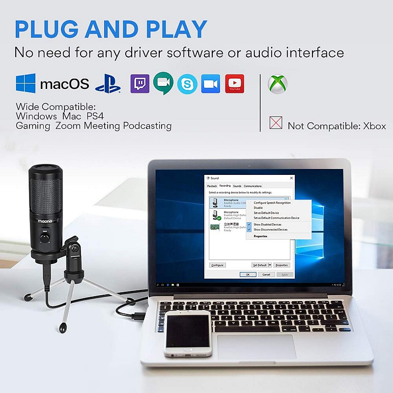 Maono AU-PM461TR USB Condenser Mic for PC and Singing Recording Microphone with Mic Gain for Gaming Podcast Studio Vlogging