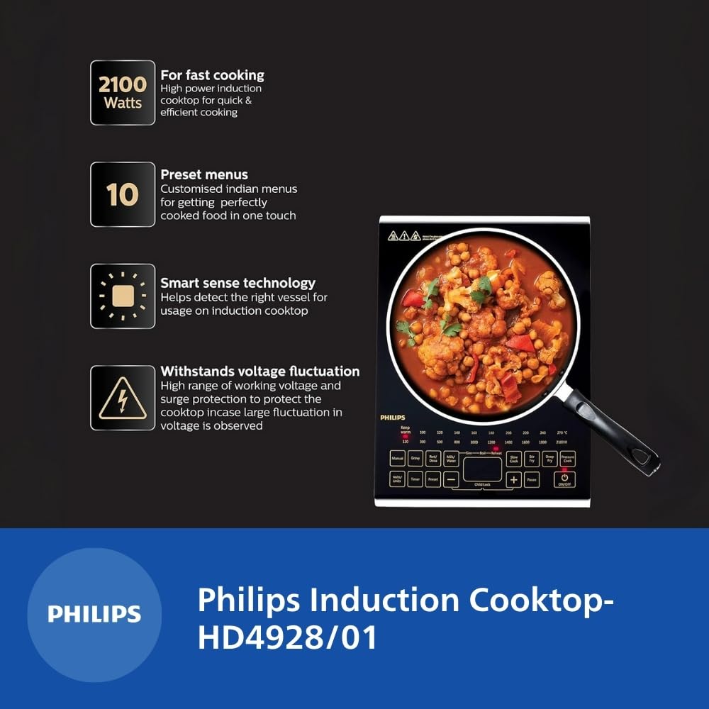 Philips Viva Collection HD4938/01 Induction Cooktop 2100W, Touch Control, Black Crystal Glass